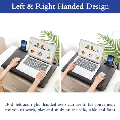 Lap Desk Home Office Lap Desk Portable Laptop Desk for Left Right - Handers with Whole Mouse Pad Wrist Pad Dual Cushion Phone Tablet Slots Fits Up to 17 Inch Laptops - color: Wood Brown