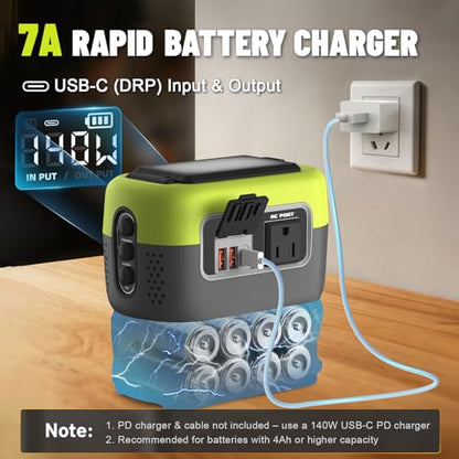 240W Power Inverter Pure Sine Wave Compatible with Ryobi 18V Battery | No Battery, 7A Fast Charger, Portable Power Station with 120V AC Outlets, USB-C (140W), 2 QC USB Ports(18W), 600LM LED(Green) - color: Green