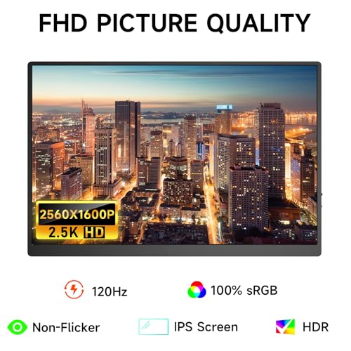 AYY 16" 2.5K 120Hz Portable Monitor, 2560x1600 HDR IPS Display, QHD 100% sRGB, USB-C & HDMI, Eye Care External Second Screen, for Laptop/PC/Phone/PS4/5/Xbox/Switch - size: 16 Inch, style: 2.5K 120Hz