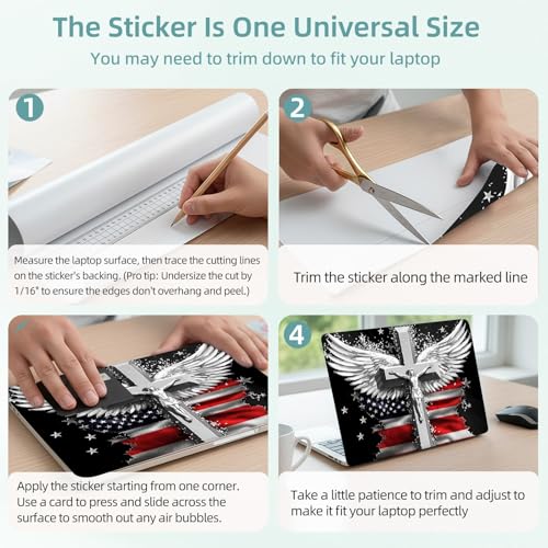 Universal Laptop Skin Decal, 3-Piece Vinyl Protector for 12 13 14 15.6" Notebook, Waterproof Anti-Scratch, Easy Trim & Bubble-Free Finish, Cross with Wings and an American Flag - color: Cross with Wings and an American Flag