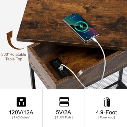 Hadulcet Narrow End Table with Charging Station & Rotating Top, Couch Snack Tables, Swivel Table for Recliner Living Room & Bedroom, Rolling Slim Side Table on Wheels, Skinny Nightstand, Rustic Brown - color: Rustic Brown