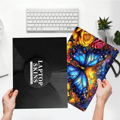Universal Laptop Skin Sticker with 2 Wrist Pad Skins, Waterproof Scratch Resistant Vinyl Laptop Cover Decal, Cut to Fit for 11–15.6 Inch MacBook HP Dell Lenovo, Rose Blue Butterfly - color: Rose Blue Butterfly