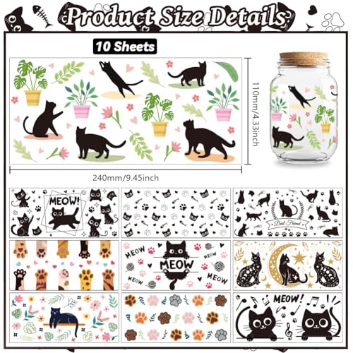 UV DTF Cup Wraps Transfer Stickers Cute Cats Pattern, 10 Sheets Waterproof Custom Vinyl Transfer Sticker 16oz Coffee Glass Cup Tumbler Bottle Mug Decals for Men Women | Waterproof UV DTF Stickers, Custom Vinyl Decals for 16oz Coffee Cups Tumblers Bottles