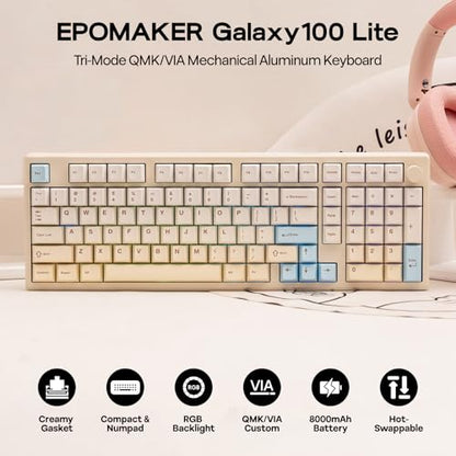 EPOMAKER Galaxy100 Lite QMK/VIA Gaming Keyboard with 8000mAh Battery | 1800 Aluminum Mechanical Keyboard with Numpad, USB-C/BT/2.4Ghz, Hot-Swap, Creamy Sound (Creamy White, Wisteria Linear Switch) - color: Creamy White, size: Wisteria Linear Switch