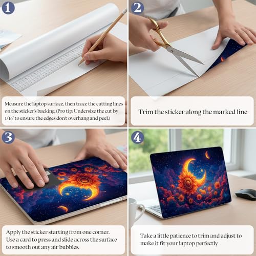 Universal Laptop Skin Sticker Decal,15.6 Inch Laptop Vinyl Cover for 13" 14" 15.6" Laptop,Scratch-Resistant Waterproof Protector Wrap,Reusable with Wrist Pads,Sunflower Crescent Moon Night - color: Sunflower Crescent Moon Night