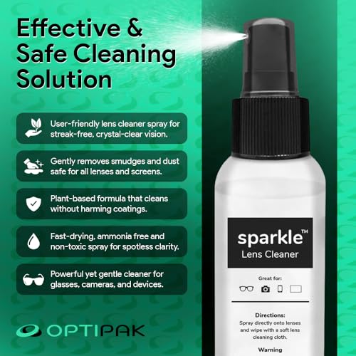 Sparkle Anti-Reflective Lens Cleaner Spray with Microfiber Cloth for Eyeglasses, Sunglasses, Lenses, Screens, Tablets & Binoculars - Ammonia Free And Streak Free (Black/8oz 1Pk)