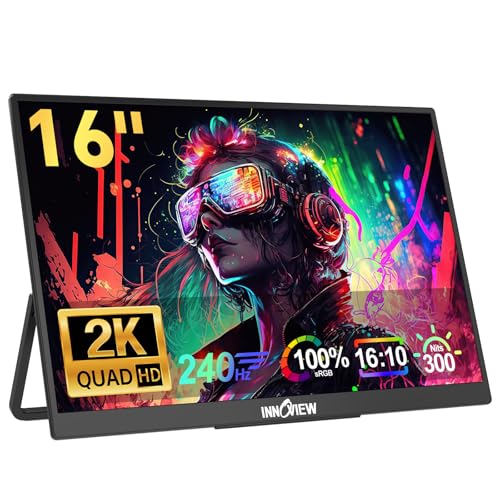 InnoView 16" 240Hz Portable Monitor 2K 2560x1600 100% sRGB Portable Gaming Monitor Laptop Monitors Built-in Speakers 180° Adjustable Type-C HDMI Laptop Screen Extender for Surface Pro PS5 Switch Xbox - size: 16-inch