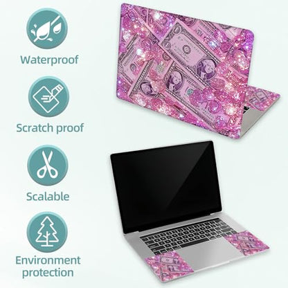 Universal Laptop Skin Decal, 3-Piece Vinyl Protector for 12 13 14 15.6" Notebook, Waterproof Anti-Scratch, Easy Trim & Bubble-Free Finish, Pink Glittering Dollar Bills - color: Pink Glittering Dollar Bills