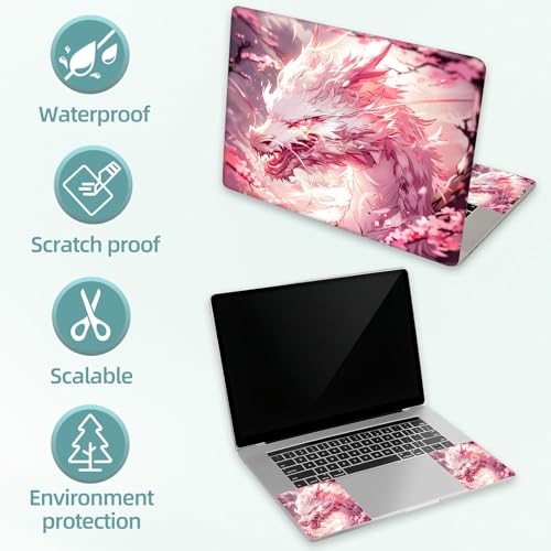 Universal Laptop Skin Decal, 3-Piece Vinyl Protector for 12 13 14 15.6" Notebook, Waterproof Anti-Scratch, Easy Trim & Bubble-Free Finish, White Dragon Pink Flowers - color: White Dragon Pink Flowers