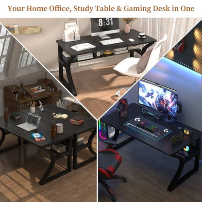 47'' Computer Desk Home Office Desk, Modern Computer Desk w/U Shaped Metal Frame, Storage Shelves, PC Table Study Writing Desk Workstation for Home Office (47inch/Black) - size: 47inch/Black