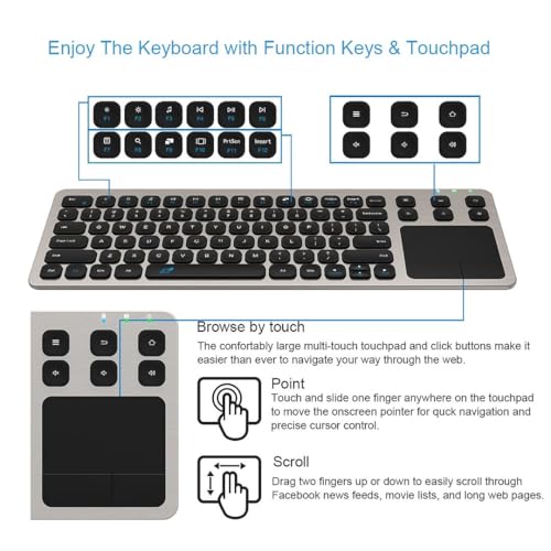 Arteck 2.4G Wireless Touch TV Keyboard with Easy Media Control and Built-in Touchpad Mouse Solid Stainless Ultra Compact Full Size Keyboard -Connected Computer, Smart TV, HTPC