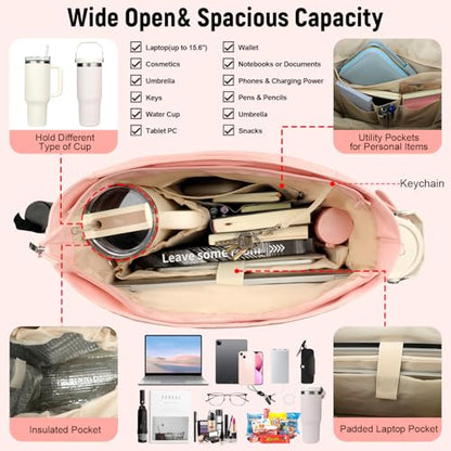 Puffer Tote Bag with Large Cup Holder& 15.6 Inch Laptop Compartment, Lightweight Puffy Work Bag with Water Bottle Pocket, Large Laptop Tote with Clutch Purse for Women Teacher Nurse (Pink) - color: Pink