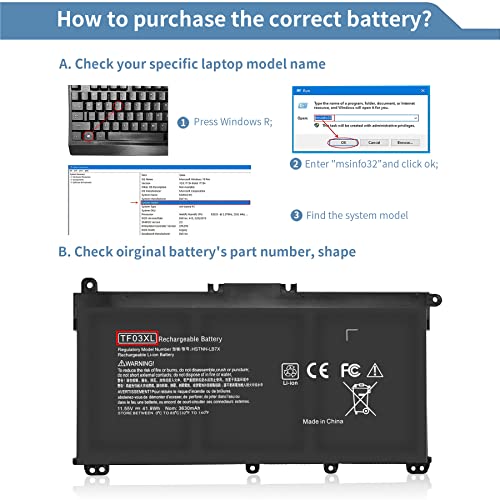 TF03XL 920070-855 Battery for HP Pavilion 15-CC 15-CD 14-CD 14M-CD 15-BF 15-CC023CL 17-AR050WM 15-cc154cl 15-CC060wm 15-CD040WM 14-BF050WM 14m-cd0001dx 14m-cd0003dx 920046-421 920046-121 - size: 7.5 x 4 x 0.25 inches TF03XL BATTERY