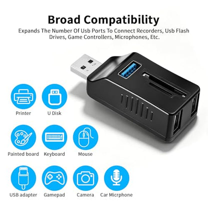 Micro USB Hub with SD Card Reader 5 Port Memory Card Reader USB Extender Adapter with SD Cards Readers, 3.0/2.0 Ports, Portable Splitter for Laptop, PC, Camera, Flash Driver, HDD, Dash Cam