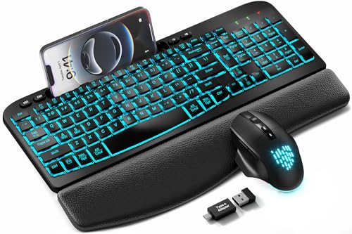 SABLUTE MA22 Pro Wireless Keyboard and Mouse Combo - Ergonomic Wave Keyboard with Soft Leather Wrist Rest, Phone Holder, Rechargeable, RGB Backlit Mouse, Full-Size Set for Windows/Mac/Computer - color: Black