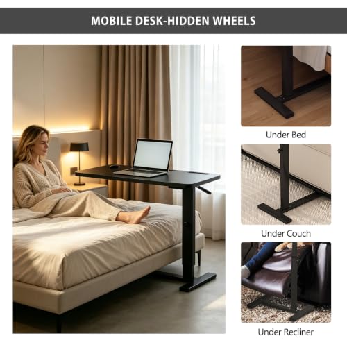 BeGyoku Overbed Table with Hidden Wheels, Pneumatic Height Adjustable Rolling Bedside Table, Hospital Home Use (Black) - color: Black