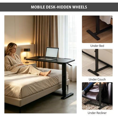 BeGyoku Overbed Table with Hidden Wheels, Pneumatic Height Adjustable Rolling Bedside Table, Hospital Home Use (Black) - color: Black