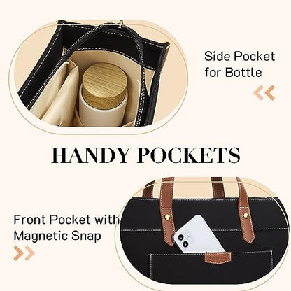 Missnine Laptop Tote Bag Canvas Laptop Bag 15.6 inch Work Shoulder Bags Casual Briefcase Handbag for Travel, Office, College (Black+Brown) - color: Black+brown