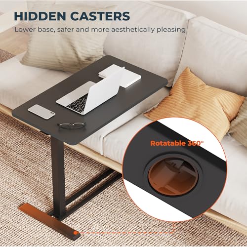 28'' Medical Overbed Bedside Table with Wheels,Rolling Table | 28''x16'' Black Table Top+Black Edging Pneumatic Tilting Desktop,Overbed Table with Hidden Casters for Hospital Use - color: Black+black, size: Small