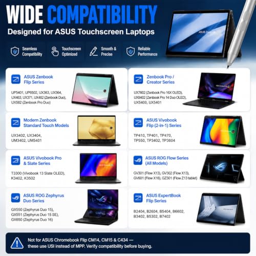 tesha Active Pen for ASUS ZenBook Vivobook, No Pairing, 2500Hr Battery | For ASUS ProArt ROG Flow ExpertBook, Palm Rejection, 1024 Pressure, Dual Buttons, Replaces SA201H SA203H for Students Doers - color: Silver
