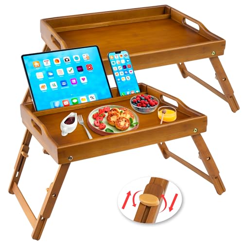 Greenual 2 Pack Bed Tray Table with Handles Folding Legs, Bamboo Breakfast Food Tray with Media Slot, Use As Platter, Laptop Desk, Snack, TV Tray Kitchen Serving Tray(Brown) - color: Brown