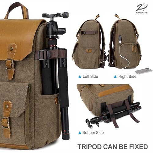 Padwa Lifestyle Khaki Professional Camera Backpack - Retro Crazy Horse Art Cowhide Canvas Large Camera Bag with Multi Camera&16” Laptop Thick Compartment,Weather Resistant Photography Backpacks - color: Khaki