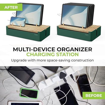 Prosumer's Choice Bamboo Charging Station - Multi Charger Station Organizer - Desk Docking Station for Phones, Tablets, Laptop - Wooden Charging Station with Removable Dividers - Cables Not Included - color: Metal & Bamboo Green