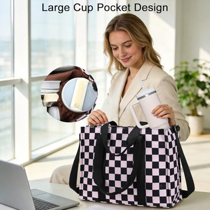 BTOOP Work Tote Bag for Women, Laptop Tote Bag With 15.6 Inch Padded Compartment, Teacher Nurse Bible Bags - color: Blck-pink Checkered