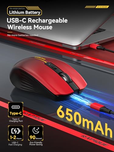 RAPIQUE Bluetooth Wireless Mouse, BT1/BT2+2.4G Tri-Mode, Red Gradient | 3-Device Switching, USB-C Rechargeable, Quiet Clicks, 800/1200/1600 DPI, 6 Buttons, Ergonomic Grip, For Laptop, MacBook, PC - color: Red Gradient