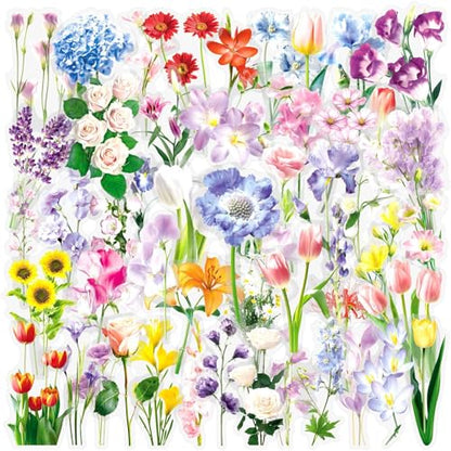 50pcs Fresh and Gentle Spring Flowers Stickers，Transparent Stickers for Scrapbook Supplies Cards Making Books Postcards Water Bottles Laptops Computer DIY, etc(colourful-B16) - color: Colourful-b16