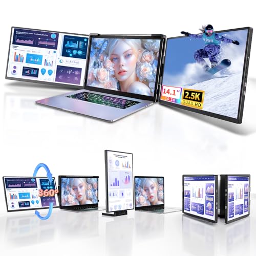 Laptop Screen Extender Monitor Portable - 2.5K Triple Laptop Screen Extender, Plug and Play Multiple Screens Extended Fits 13-17.3 Inch Laptops Compatible with, Windows, Chrome, Dex - color: Black