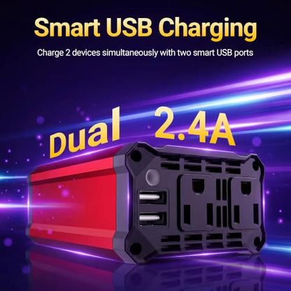 300W Car Power Inverter - vansoet DC 12V to 110V AC(2 Outlets) Power Inverters with 3.4A Dual USB Fast Charging Port - Car Charger Cigarette Lighter Adapter for Laptop/Phone/Road Trip (Red) - color: Deep Red