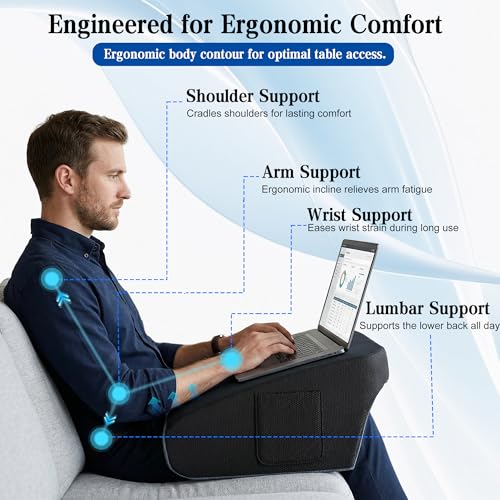 Reading Pillow for Gaming, Ergonomic Memory Foam Lap Desk Pillow | Cup Holder & Pocket, Large Non-Slip Bottom Arm Rest Pillow for Working, Crocheting in Bed, Couch, Floor (Deep Grey)