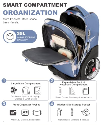 NEW TILAMI 19 Inch Rolling Backpack with Lunch Bag School Stair-Climbing | Stair-Climbing Teen Boys Girls Carry-on Suitcase Large Compartment 15.6 Laptop Sleeve Adjustable Handle Roller Travel Bag - color: Blue Basketball