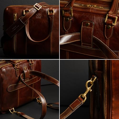 Time Resistance Leather Laptop Briefcase - Full Grain Leather Computer Bag for Men and Women | Leather - color: Brown