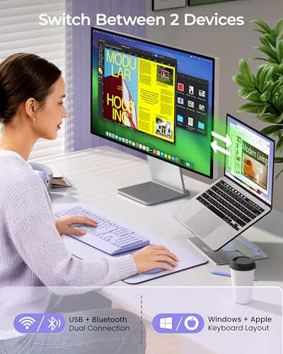 seenda Wireless Bluetooth Ergonomic Keyboard Mouse Combo, Full Size, Purple | USB/Bluetooth multi-device switching, with wrist rest, number pad, and quiet operation for PC, laptop, Mac, MacBook, and iPad - color: Purple