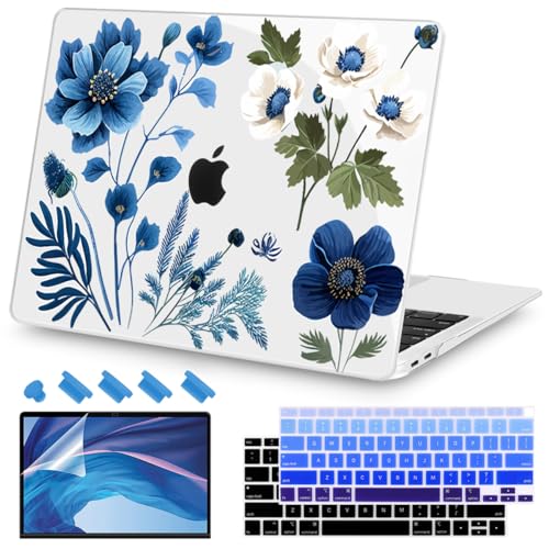 Teryeefi Compatible with M1 MacBook Air 13 inch Case 2021 2020 2019 2018 Release A2337 A2179 A1932 Retina Display with Touch ID, Protective Plastic Hard Shell Case + Keyboard Cover - Blue Plant Flower - color: Blue Plant Flower