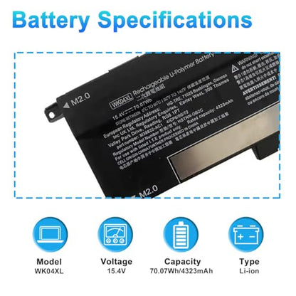WK04XL M39179-005 Battery for HP OMEN 16-b 16-c HP Victus 16-e 16-d 15-f Series Victus 16-D0001UR 16-D0023DX 16-D1113TX 16-E0005UA 16-E0029UR 16-E0194NW Notebook 15.4V 70.07Wh 4323mAh - size: 8.85*4.25*0.33inch WK04XL