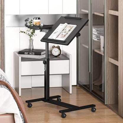 Panta Height Adjustable Rolling Laptop Stand, Overbed Table with 2 Tilting Desktops, Mobile Laptop Table for Couch with Cup Holder, Mobile Computer Workstation for Office, Home and Hospital | Dual tilting desktops, cup holder, mobile workstation, for couc