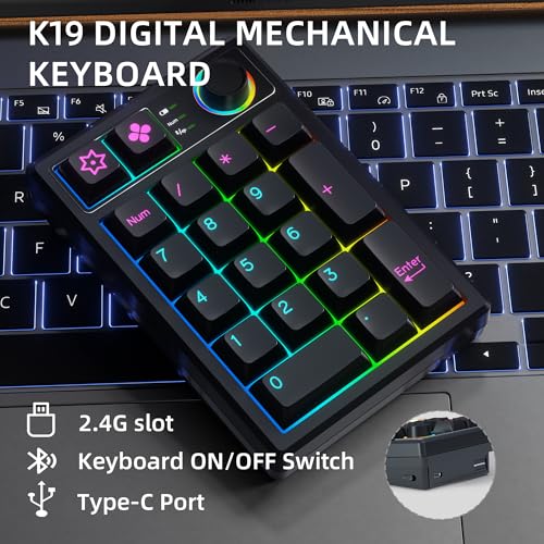 KEYCOOL K19 Wireless Numeric Keyboard, Mechanical Number Keypad Hot-swappable Bluetooth Numpad 5.0/2.4GHz, RGB Multi-Function Knob Numerical Keyboard for Laptop Mac Win iOS Android - color: Black 19 Key