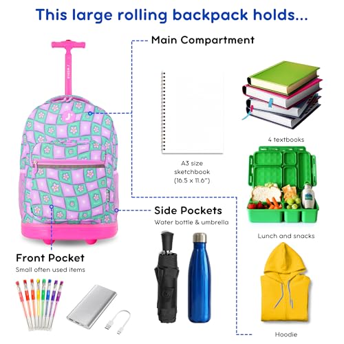 J World Sunrise Kids Rolling Backpack with Wheels for Girls Boys, Roller Bookbag for School, 18 x 13 x 9 Inches, Puffy Flower - color: Puffy Flower