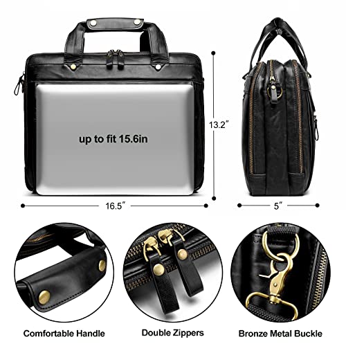 Leather Briefcases for Men 15.6 Inch Laptop Messenger Bag with Triple Compartments Water-Resistant Computer Shoulder Bag for Business, Travel, Work, Office, Black - color: Black