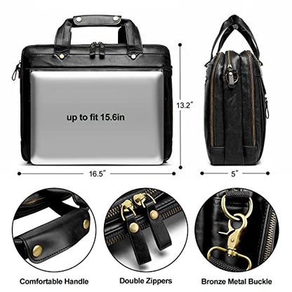 Leather Briefcases for Men 15.6 Inch Laptop Messenger Bag with Triple Compartments Water-Resistant Computer Shoulder Bag for Business, Travel, Work, Office, Black - color: Black