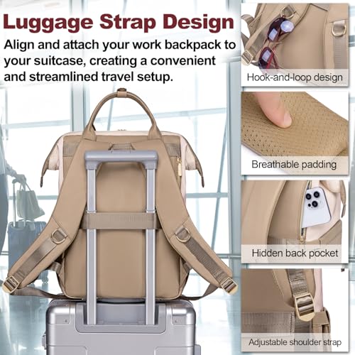 Otevan Lunch Backpack for Women, 15.6 inch Laptop Backpack, Work & Travel Backpack with Insulated Lunchbox Cooler - color: Beige/Kakhi