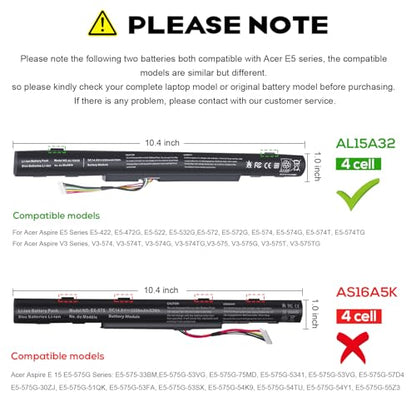 AL15A32 Laptop Battery for Acer Aspire E5-422 E5-573 E5-573G E5-573T E5-522 E722 E5-473G-561X E5-473A E5-473G E5-474G F5-572G E5-574 E5-574G E5-752G E5-772 E5-772G E5-773 E5-773G,P257-M P258-M P277-M - size: 10.3*1.56*0.85inch AL15A32