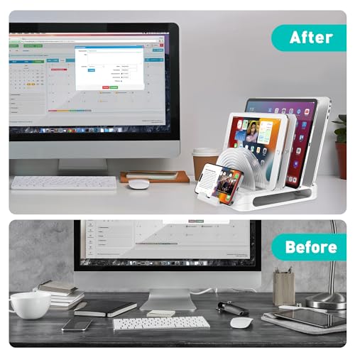 Vertical Laptop Stand Holder & Desk Organizer Rack - Adjustable Dock for MacBook, iPad, Phone (6-in-1 Multi Device Storage System with 360° Rotation) - color: White