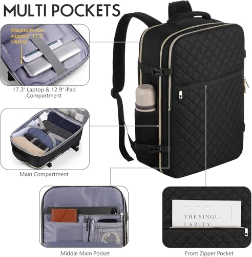 Large Travel Backpack Women, Flight Approved Carry On Backpack, Water Resistant Anti-Theft Casual Daypack School Bag Fit 17 Inch Laptop with USB Charging Port, Black - color: Black, size: 17.3 inch