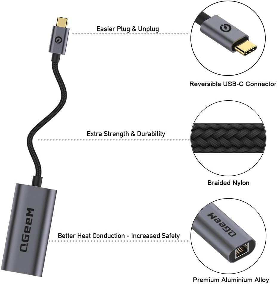 QGeeM USB C to Ethernet Adapter, 1000Mbps Gigabit RJ45 LAN Network Dongle, Thunderbolt 5/4/3 Compatible, Braided Nylon Aluminum Case for iPhone 17/16/15 Pro Max, MacBook Pro/Air M3/2, iPad, XPS - Gray - color: Classic Gray