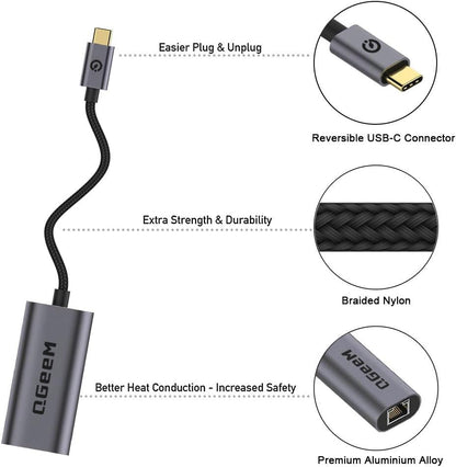 QGeeM USB C to Ethernet Adapter, 1000Mbps Gigabit RJ45 LAN Network Dongle, Thunderbolt 5/4/3 Compatible, Braided Nylon Aluminum Case for iPhone 17/16/15 Pro Max, MacBook Pro/Air M3/2, iPad, XPS - Gray - color: Classic Gray
