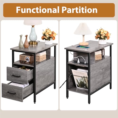 Side Table, Gray End Tables with Charging Station, Narrow End Table with Wooden Drawers, USB Ports and Power Outlets, Nightstand and Bedside Table, Side Table Living Room, Bedroom - color: Light Gray